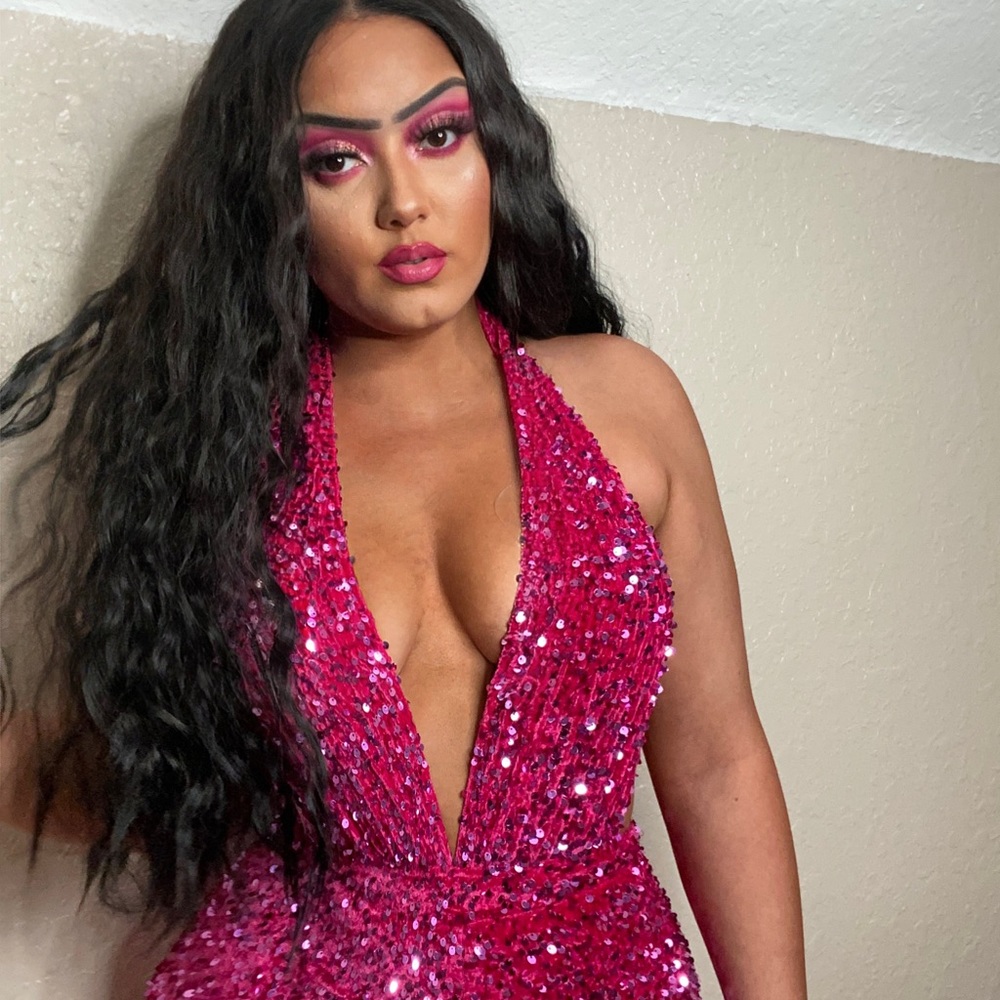 Fashion Nova glitter pink jumpsuit.